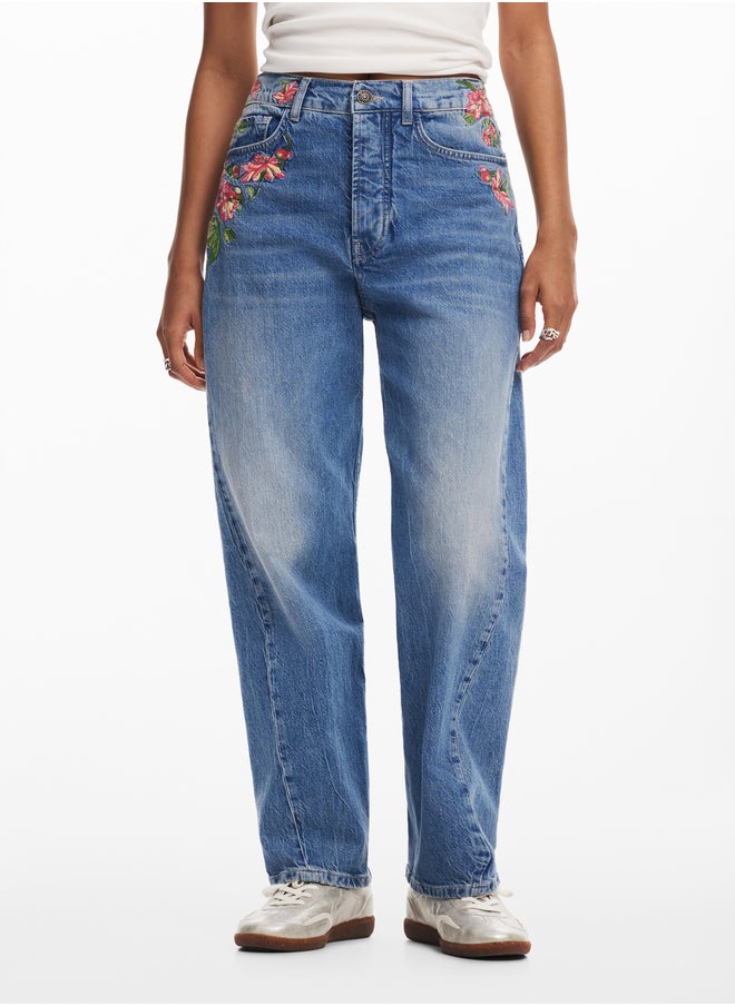 Long Denim Pants With Flowers