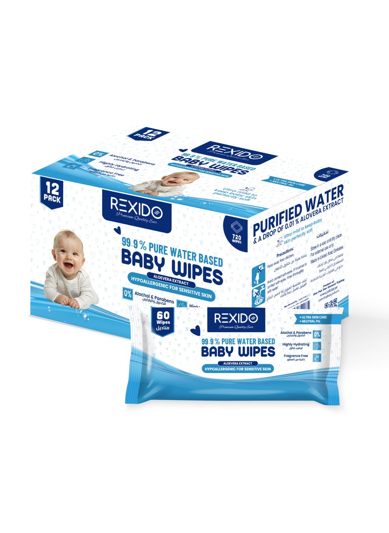 Premium & 99.9% Pure Water Based Baby Wipes, Biodegradable Wet Wipes, Hypoallergenic & Unscented For Sensitive Skin, Highly Hydrating, 720 Count (12 Pack)