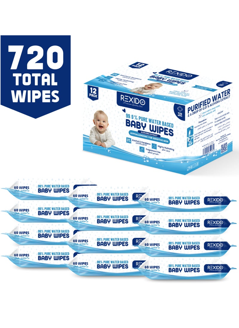 Premium & 99.9% Pure Water Based Baby Wipes, Biodegradable Wet Wipes, Hypoallergenic & Unscented For Sensitive Skin, Highly Hydrating, 720 Count (12 Pack)