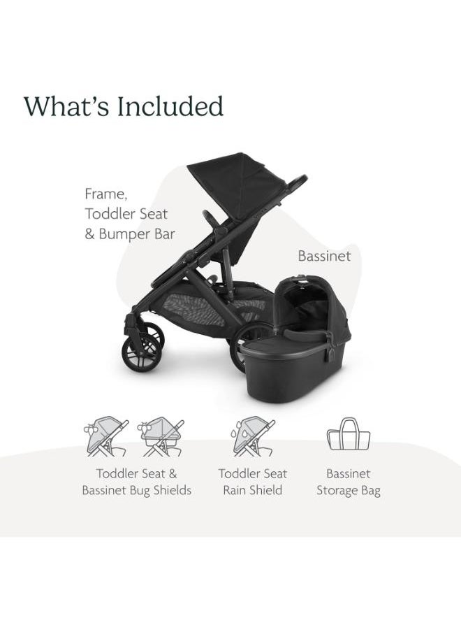 Vista V2 Stroller Convertible Single - To - Double System/Bassinet, Toddler Seat, Bug Shield, Rain Shield, And Storage Bag Included/Jake (Charcoal/Carbon Frame/Black Leather)