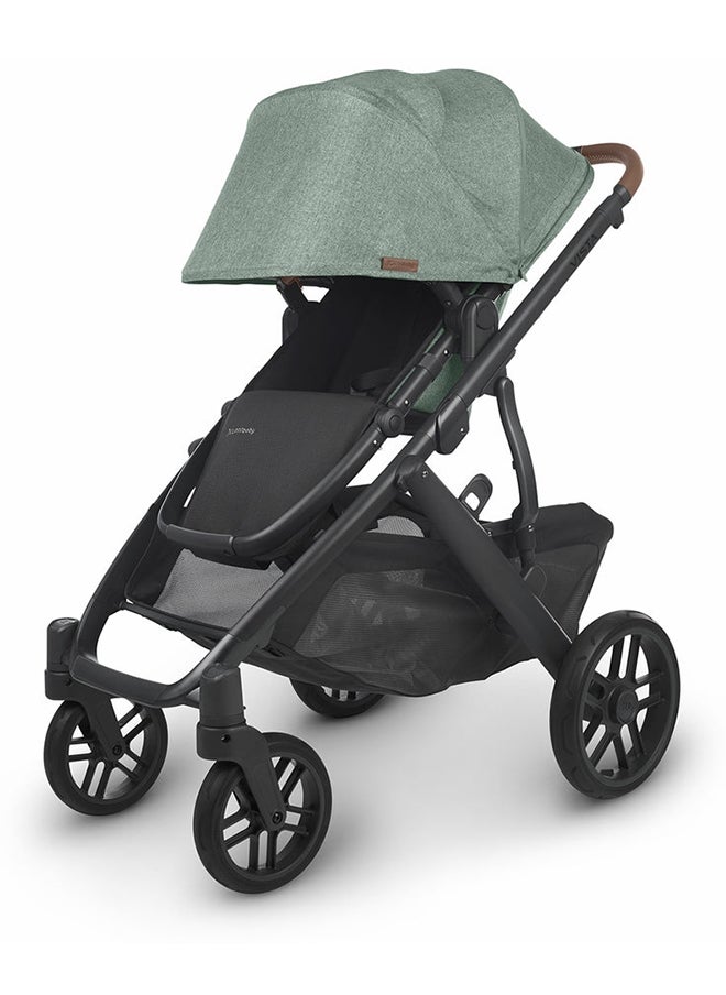 Vista V2 Convertible Stroller Gwen Green Melange With Carbon Frame And Saddle Leather, Premium Double Stroller With Enhanced Suspension