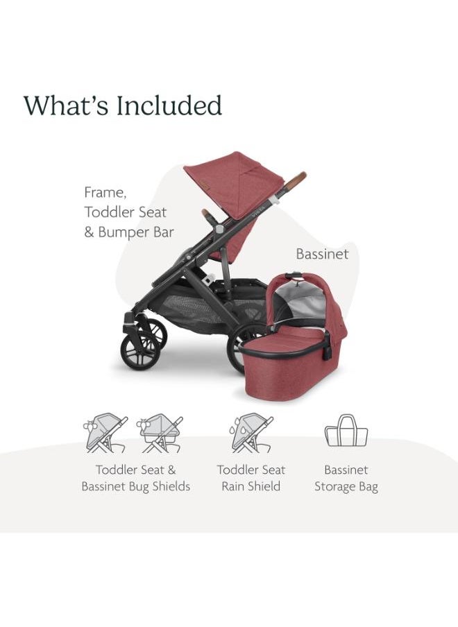 Vista V2 Stroller Convertible Single To Double System/Bassinet, Toddler Seat, Bug Shield, Rain Shield, And Storage Bag Included Lucy (Rosewood Melange/Carbon Frame/Saddle Leather)