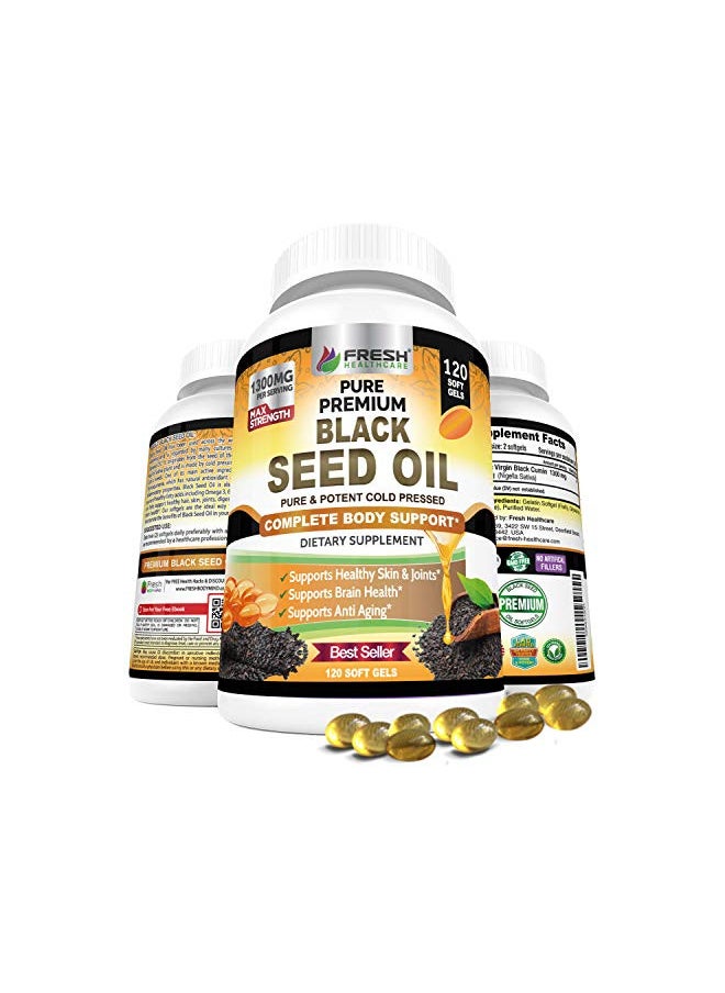 Black Seed Oil Capsules Cold Pressed 1300mg Per Serving, 100% Pure & Premium Non-GMO Nigella Sativa Black Cumin Seed Oil, Supports Immune System, Joint & Skin Health - 120 Capsules