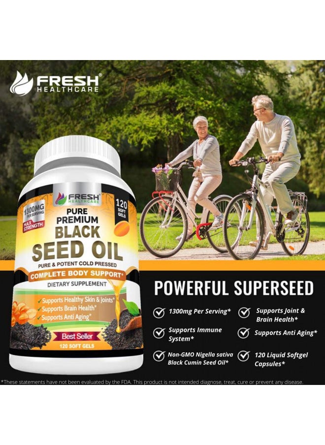 Black Seed Oil Capsules Cold Pressed 1300mg Per Serving, 100% Pure & Premium Non-GMO Nigella Sativa Black Cumin Seed Oil, Supports Immune System, Joint & Skin Health - 120 Capsules