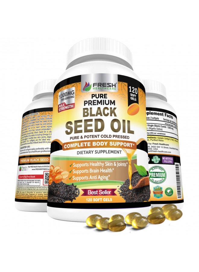 Black Seed Oil Capsules Cold Pressed 1300mg Per Serving, 100% Pure & Premium Non-GMO Nigella Sativa Black Cumin Seed Oil, Supports Immune System, Joint & Skin Health - 120 Capsules