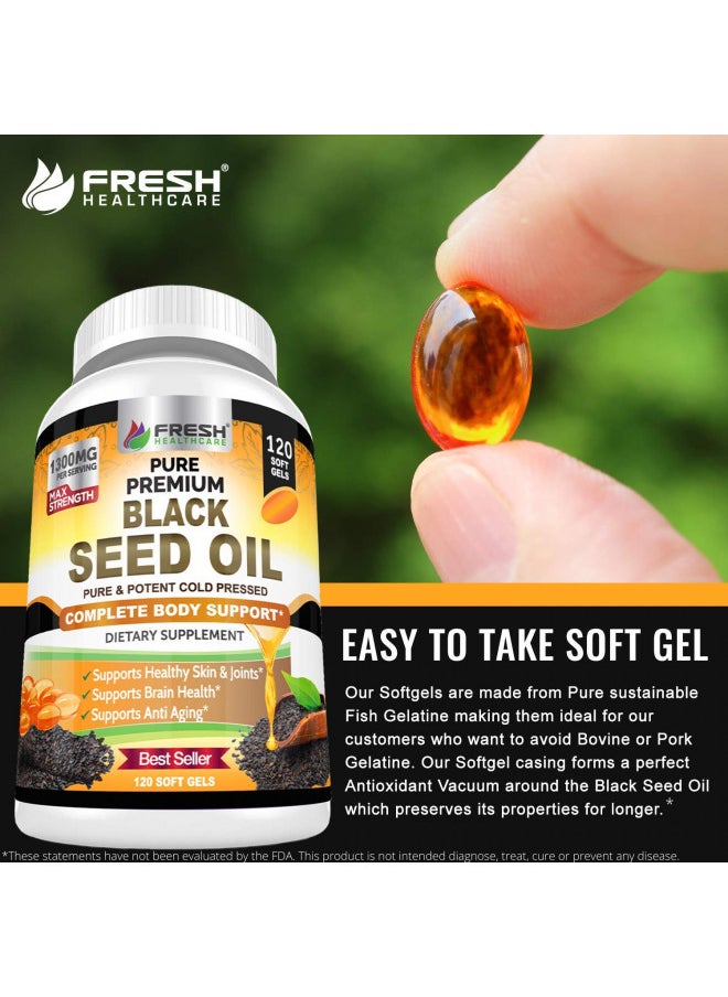 Black Seed Oil Capsules Cold Pressed 1300mg Per Serving, 100% Pure & Premium Non-GMO Nigella Sativa Black Cumin Seed Oil, Supports Immune System, Joint & Skin Health - 120 Capsules