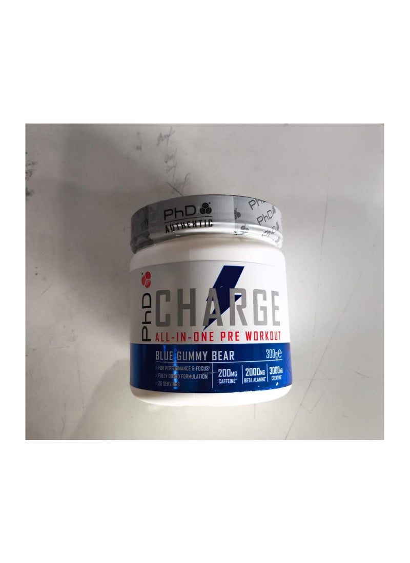 Charge All in One Pre Workout - for performance and focus, fully dosed formulation with 200mg caffeine, 2000mg beta alanine and 3000mg creatine, Blue Gummy Bear Flavour, 20 Servings Per 300g