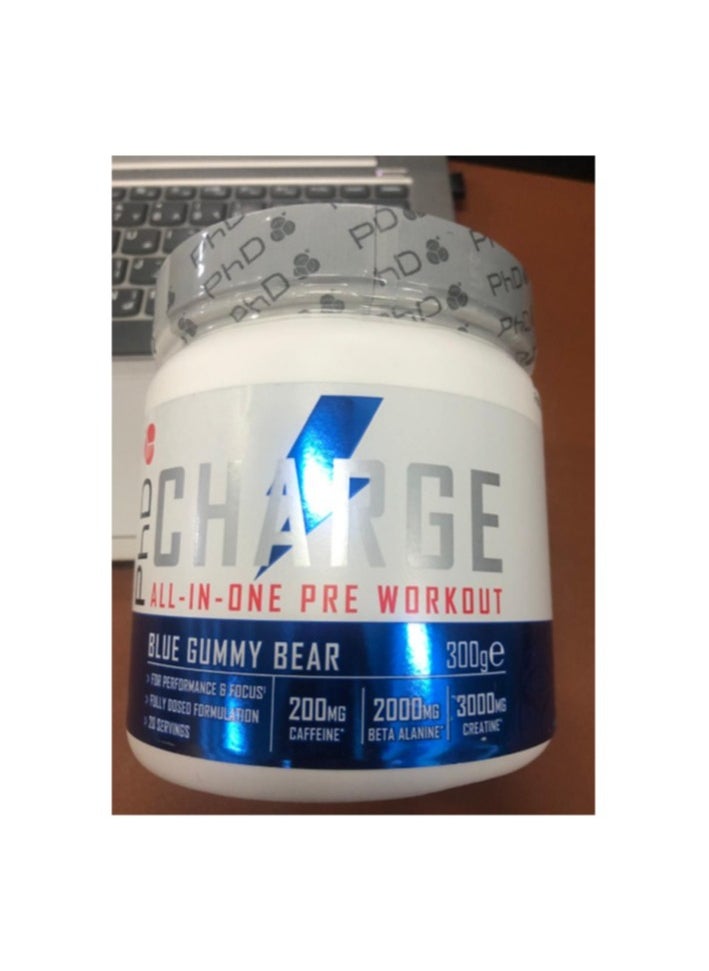 Charge All in One Pre Workout - for performance and focus, fully dosed formulation with 200mg caffeine, 2000mg beta alanine and 3000mg creatine, Blue Gummy Bear Flavour, 20 Servings Per 300g