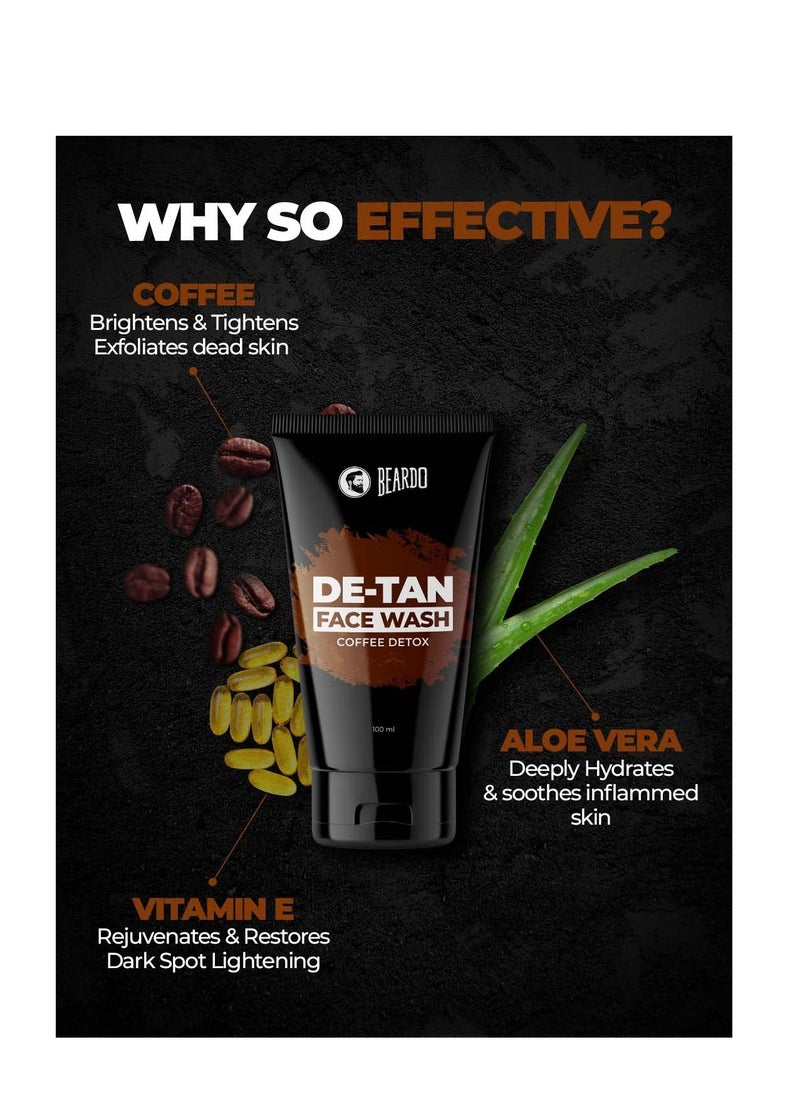 Beardo DeTan Face Wash for Men | With Vitamin E, Aloe Vera & Coffee | All in One Tan removal Face Wash for Men | Exfoliates, Brightens and Hydrates Skin | All Skin type | 100ml