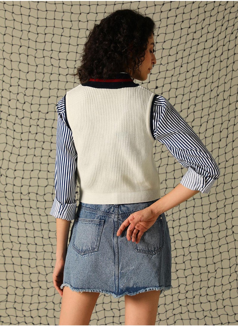 Women's Off White 100% Acrylic Solid Regular Fit Sweater