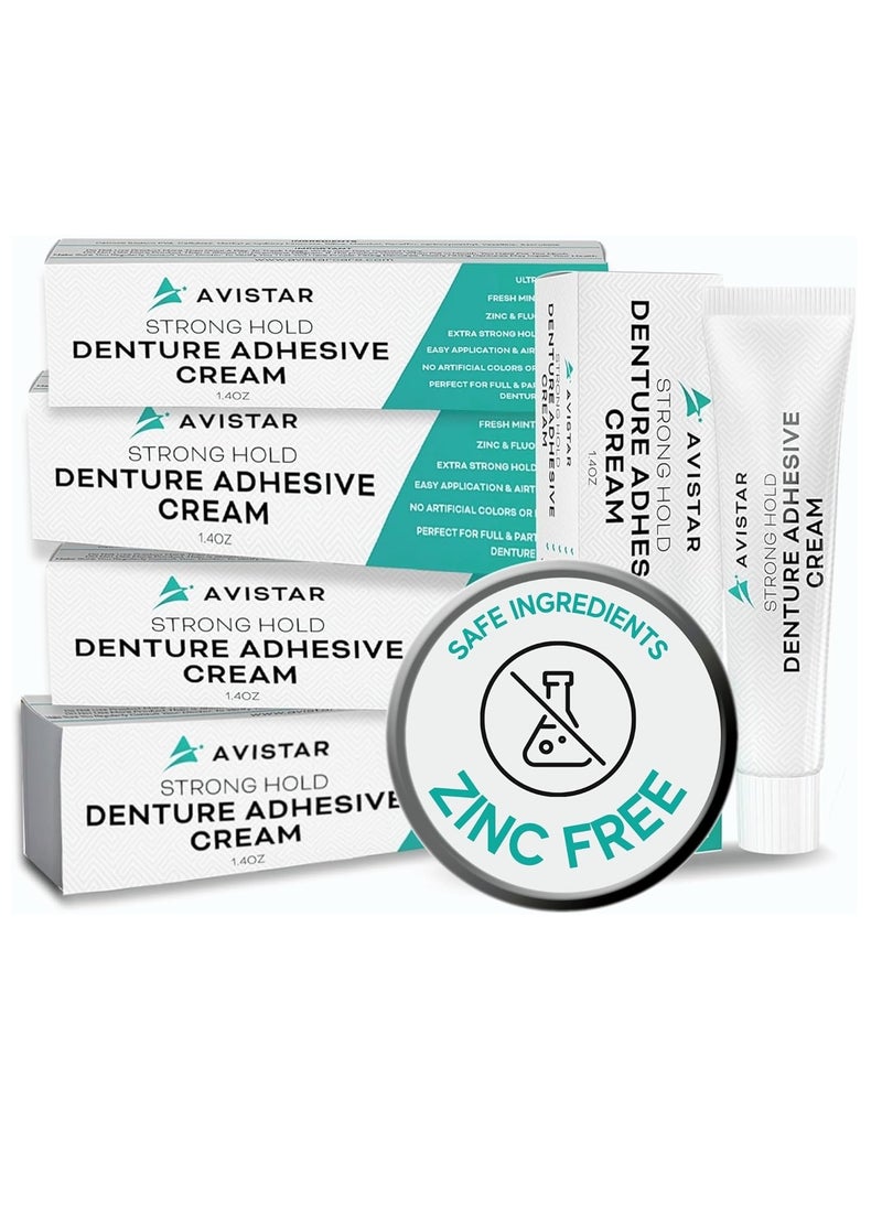 Extra Strong Denture Adhesive Cream, 12 Hour Hold Dental Glue, Waterproof, Zinc & Fluoride Free, Easy Apply Nozzle, Seals Food Out for Comfort, Mint Flavor (5 Pack, 7 Fl Oz)