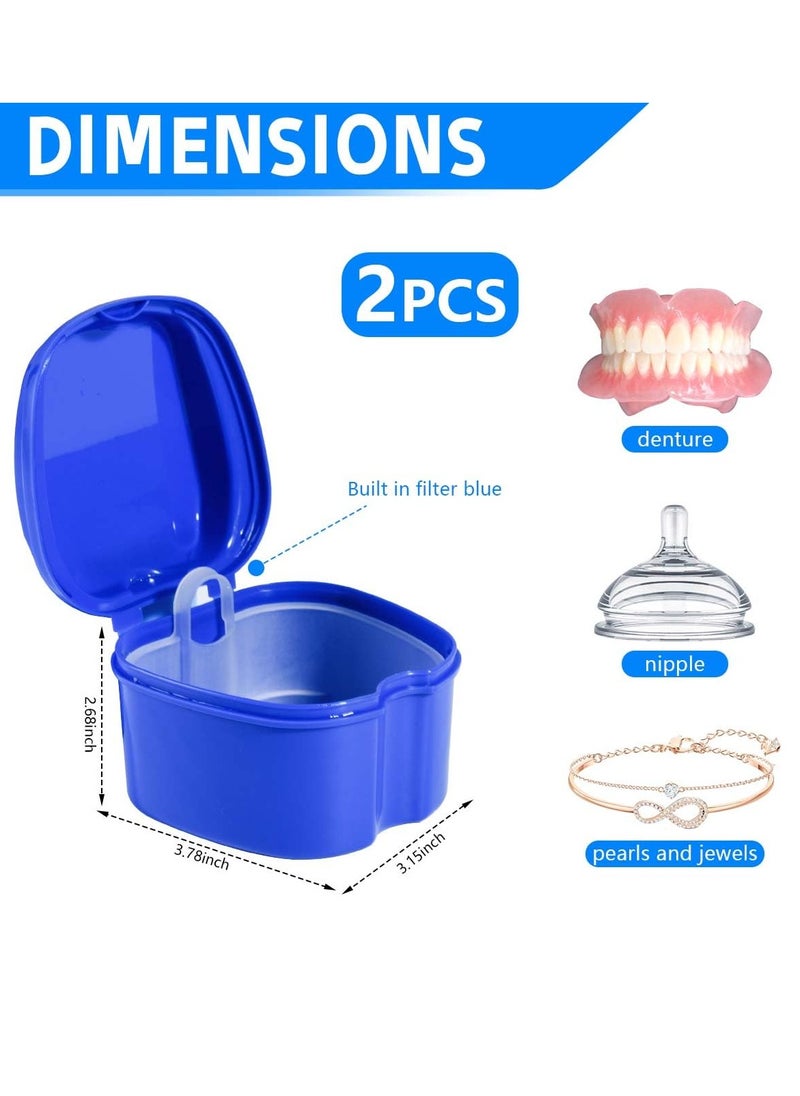 2 Pack Colors Denture Bath Case Cup Box Holder Storage Soak Container with Strainer Basket for Travel Cleaning (Light Blue and Blue)