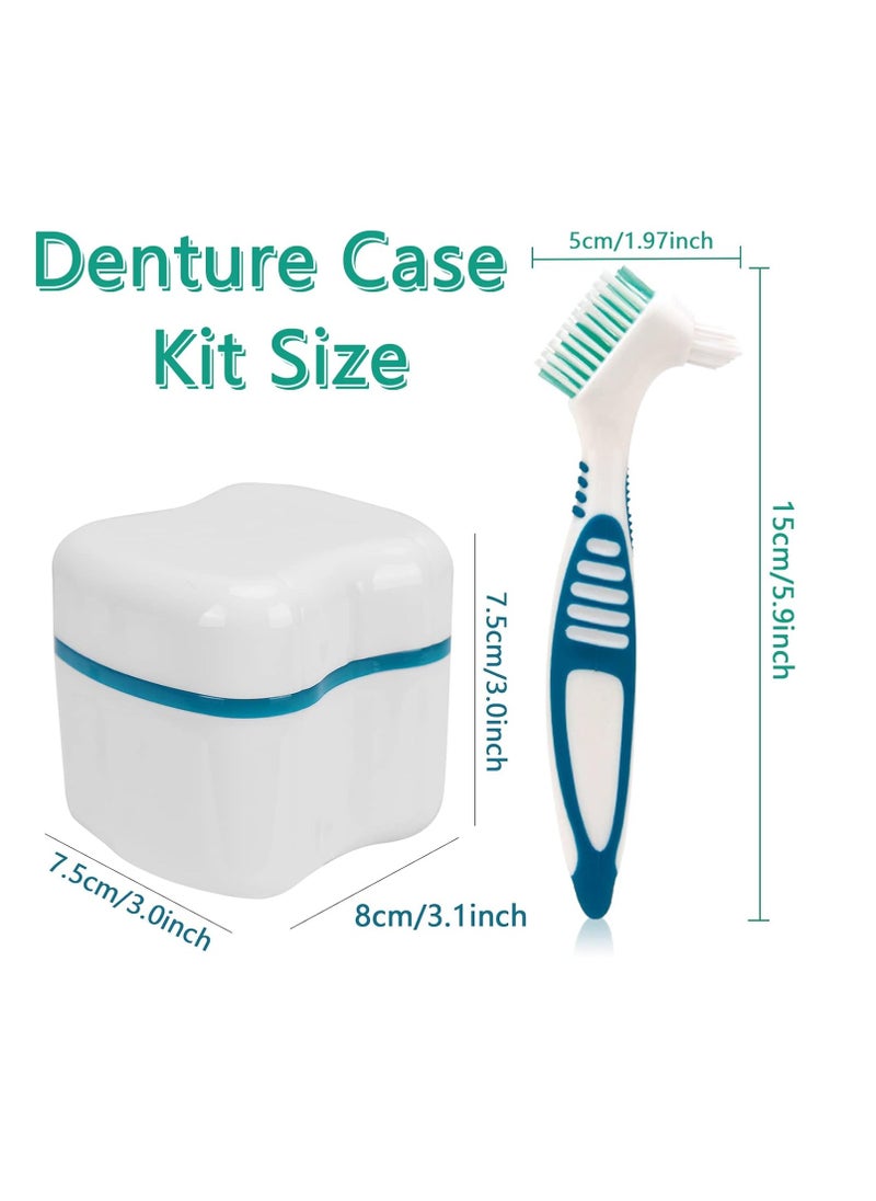 Denture Cleaner Box and Brush Set - 2 Pack Denture Bath Case with Basket + 2 Pack Denture Brush, Portable Denture Retainer Storage Box, False Teeth Brushes for Oral Care (Green and Dark blue)