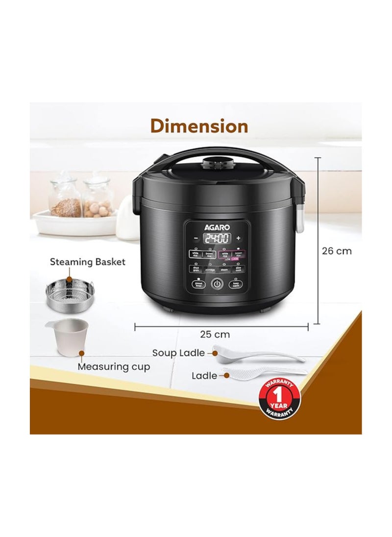 AGARO Regal Electric Rice Cooker, 3 Liters Ceramic Inner Bowl, Cooks Up to 600 Gms Raw Rice, SS Steamer, Preset Cooking Functions, Preset Timer, Keep Warm Function, LED Display, Black