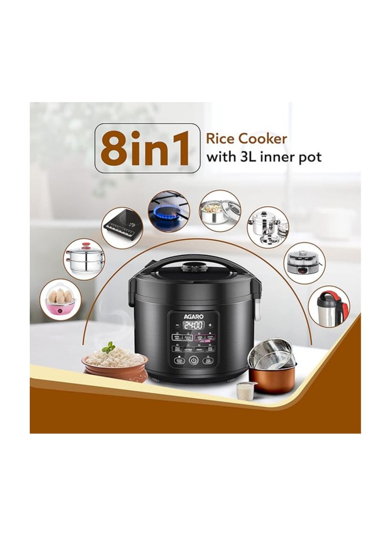 AGARO Regal Electric Rice Cooker, 3 Liters Ceramic Inner Bowl, Cooks Up to 600 Gms Raw Rice, SS Steamer, Preset Cooking Functions, Preset Timer, Keep Warm Function, LED Display, Black