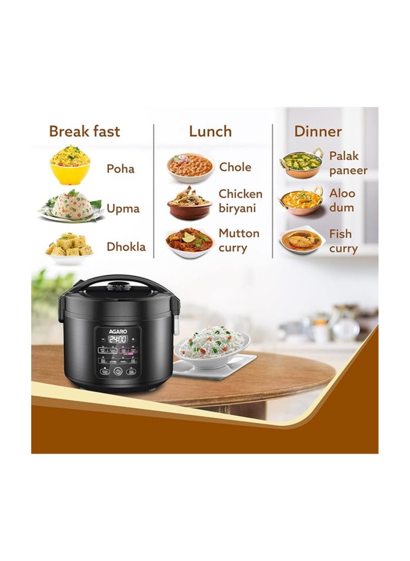 AGARO Regal Electric Rice Cooker, 3 Liters Ceramic Inner Bowl, Cooks Up to 600 Gms Raw Rice, SS Steamer, Preset Cooking Functions, Preset Timer, Keep Warm Function, LED Display, Black