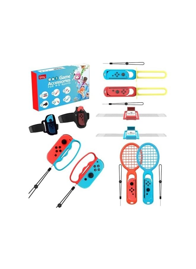 Switch Sports Accessories Bundle - 10 in 1 Family game Kit for Nintendo Switch Sports & OLED Games : Joycon Grip for Mario，Wrist Dance Bands & Leg Strap,Comfort Grip Case And Tennis Rackets