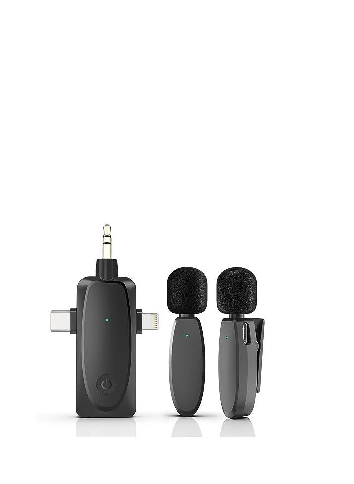 3 in 1 Wireless Lavalier dual Microphone for iPhone Android Camera and Laptop 2.4G Ultra Low Mini Microphone Lapel Mic with Noise Reduction