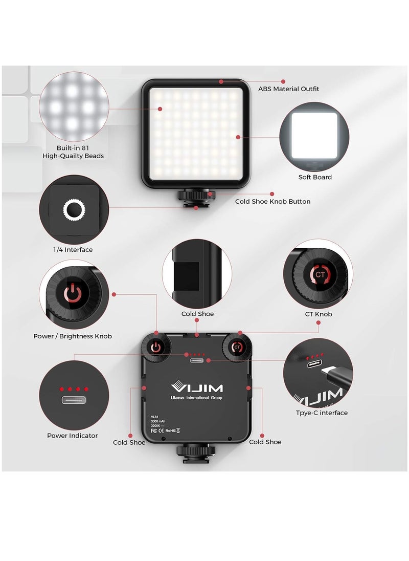 VIJIM Video Light Colour temperature LED Camera lighting for photography with Cold Shoe Softer Portable Light Ajustable Brightness,Rechargeable with 3000mAh Battery VL81