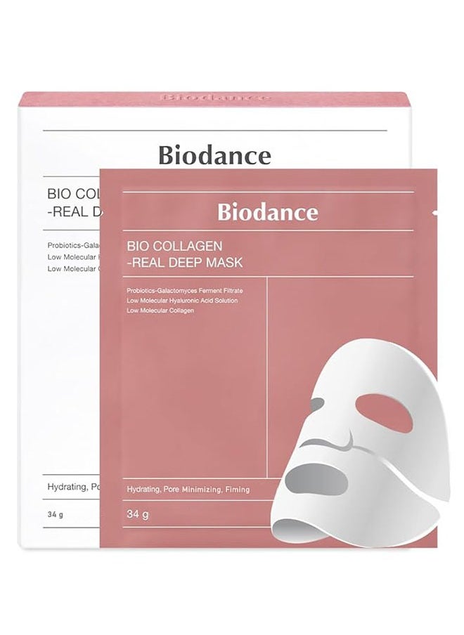 4 Patch Bio Collagen Real Deep Mask, Probiotios Galactomyces Ferment Filtrate, Low Molecular Hyaluronic Acid Solution, Low Molecular Collagen, Hydrating, Pore Minimizing, Firming