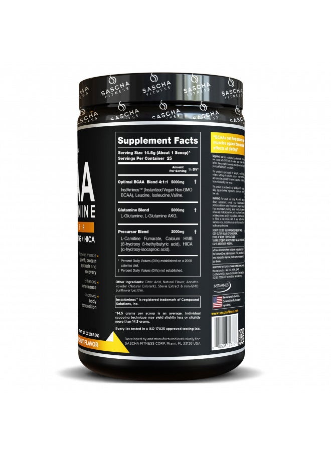 Sascha Fitness BCAA 4:1:1+Glutamine, HMB, L-Carnitine, HICA|Powerful and Instant Powder Blend with Branched Chain Amino Acids(BCAAs)for Pre, Intra and Post-Workout,Natural Mango Coconut Flavor,362.5g