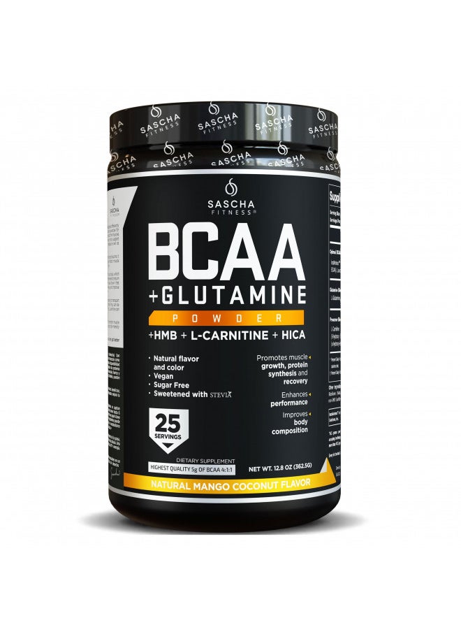 Sascha Fitness BCAA 4:1:1+Glutamine, HMB, L-Carnitine, HICA|Powerful and Instant Powder Blend with Branched Chain Amino Acids(BCAAs)for Pre, Intra and Post-Workout,Natural Mango Coconut Flavor,362.5g