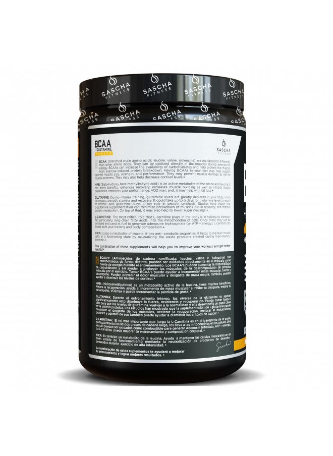 Sascha Fitness BCAA 4:1:1+Glutamine, HMB, L-Carnitine, HICA|Powerful and Instant Powder Blend with Branched Chain Amino Acids(BCAAs)for Pre, Intra and Post-Workout,Natural Mango Coconut Flavor,362.5g