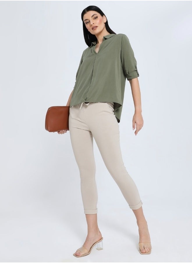 Beige High-Waisted Tie Pants