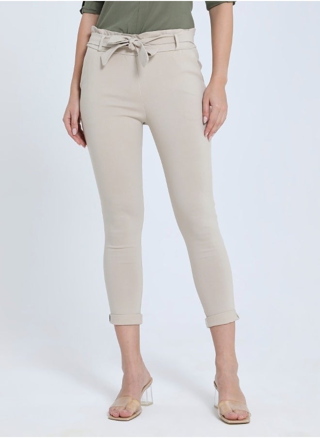 Beige High-Waisted Tie Pants