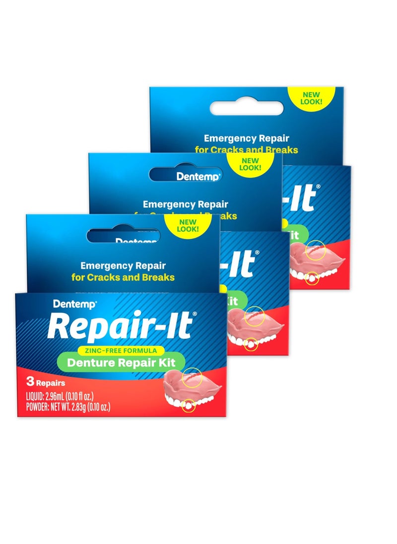 Dentemp Repair Kit - Repair-It Advanced Formula Denture Repair Kit (Pack of 3) - Denture Repair Kit Repairs Broken Dentures - Denture Repair to Mend Cracks & Replace Loose Teeth