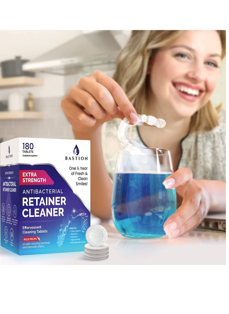 Retainer Cleaner & Denture Cleanser - 180 Effervescent Tablets 6 Month Supply Removes Stains, Discoloration, Odors, Plaque Clear Aligners, Mouth Night Guard, All Dental/Oral Appliances