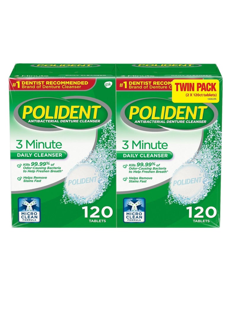 Polident 3 Minute, Antibacterial Denture Cleanser 120 ea (Pack of 2)