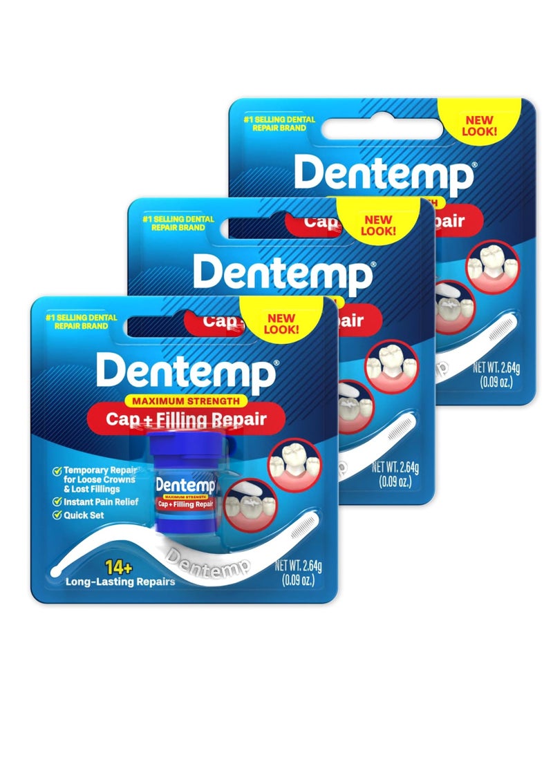 Dentemp Maximum Strength Loose Cap and Lost Filling Repair - Dental Repair Kit for Instant Pain Relief (Pack of 3)