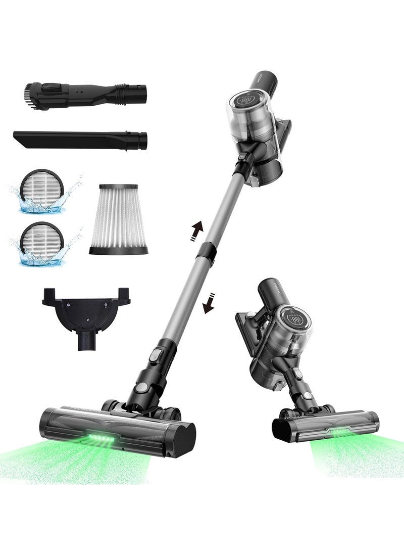 P12 Cordless Vacuum Cleaner, 33Kpa Stick Vacuum Cleaner, Green LED Headlights, Anti-Hair-Tangle Brush, Powerful Cordless Hoover with Touch Display, 60min Runtime, Deep Clean for Pet Hair