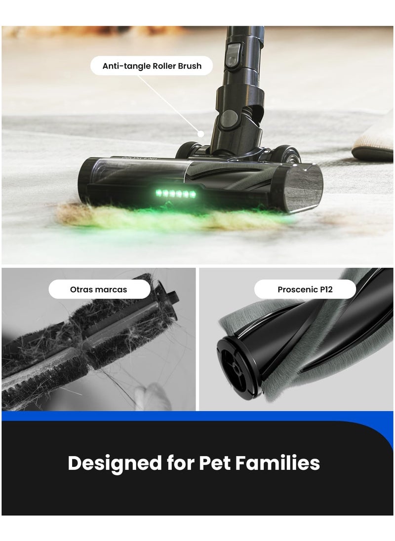 P12 Cordless Vacuum Cleaner, 33Kpa Stick Vacuum Cleaner, Green LED Headlights, Anti-Hair-Tangle Brush, Powerful Cordless Hoover with Touch Display, 60min Runtime, Deep Clean for Pet Hair