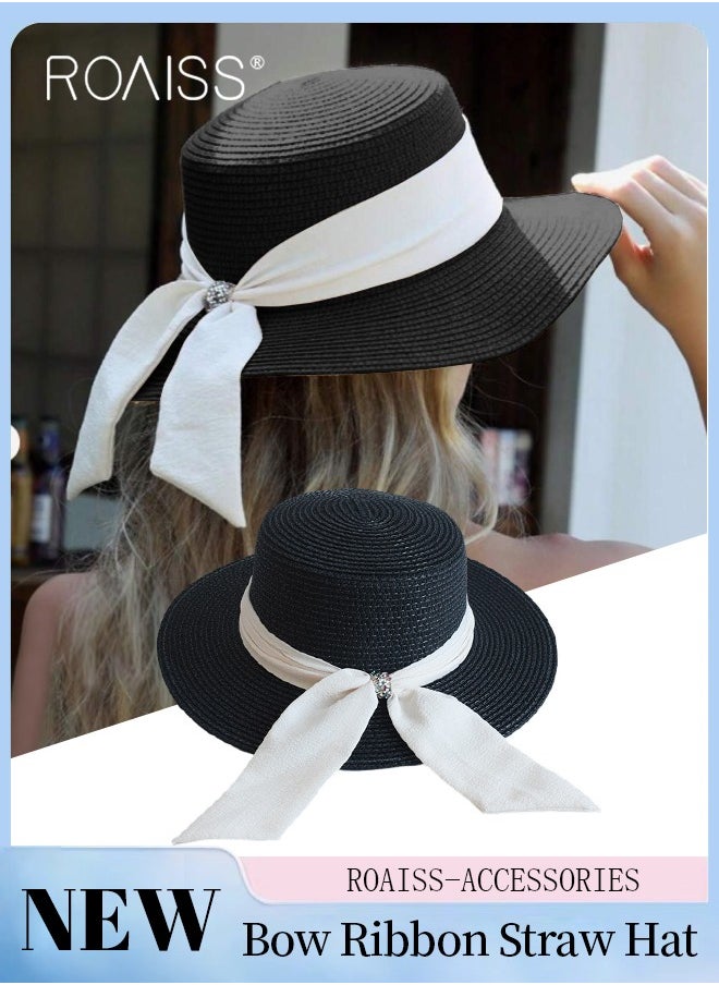 Holiday Straw Beach Hat for Women Wide Brim Bow Ribbon Boater Hat Flat Top Classic Sun Hat for Summer Black