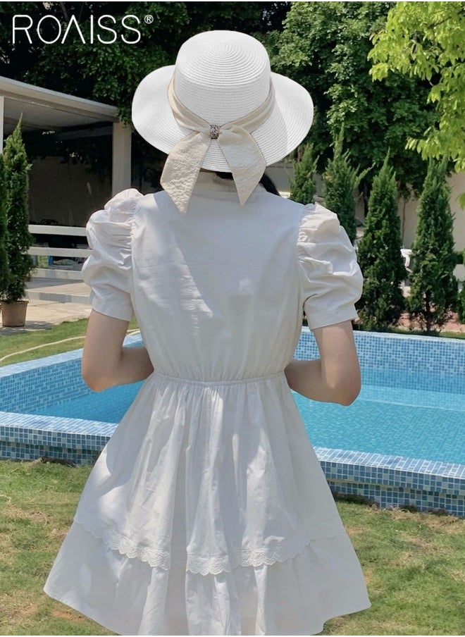 Holiday Straw Beach Hat for Women Wide Brim Bow Ribbon Boater Hat Flat Top Classic Sun Hat for Summer White