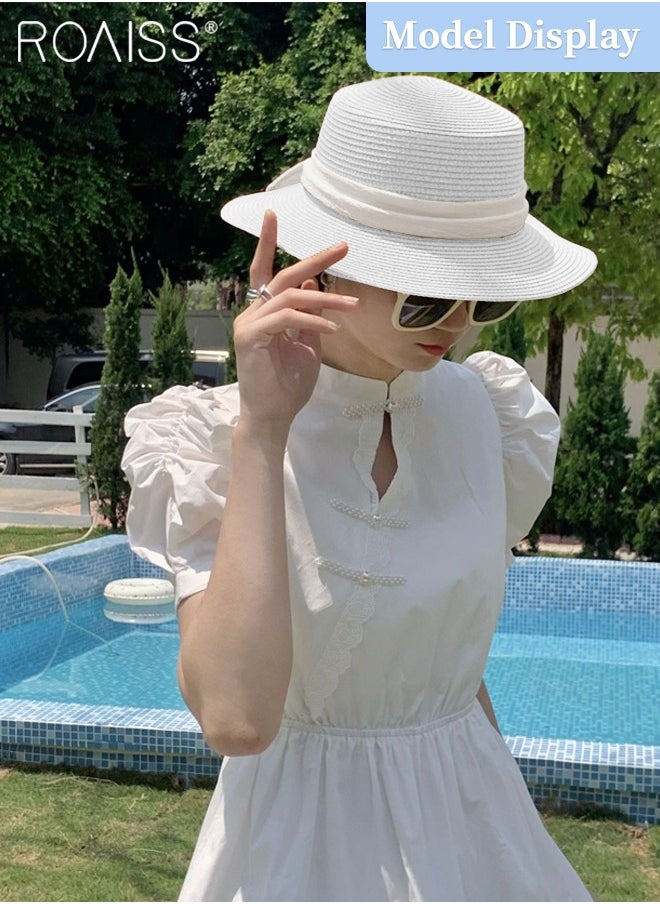 Holiday Straw Beach Hat for Women Wide Brim Bow Ribbon Boater Hat Flat Top Classic Sun Hat for Summer White