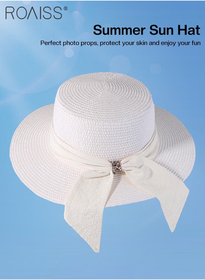 Holiday Straw Beach Hat for Women Wide Brim Bow Ribbon Boater Hat Flat Top Classic Sun Hat for Summer White