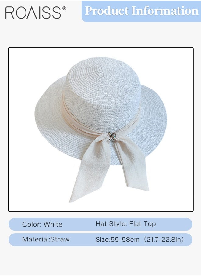 Holiday Straw Beach Hat for Women Wide Brim Bow Ribbon Boater Hat Flat Top Classic Sun Hat for Summer White