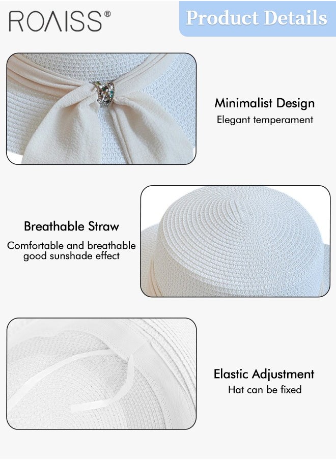 Holiday Straw Beach Hat for Women Wide Brim Bow Ribbon Boater Hat Flat Top Classic Sun Hat for Summer White