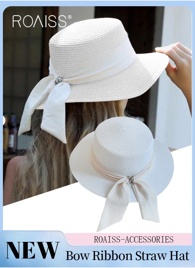 Holiday Straw Beach Hat for Women Wide Brim Bow Ribbon Boater Hat Flat Top Classic Sun Hat for Summer White