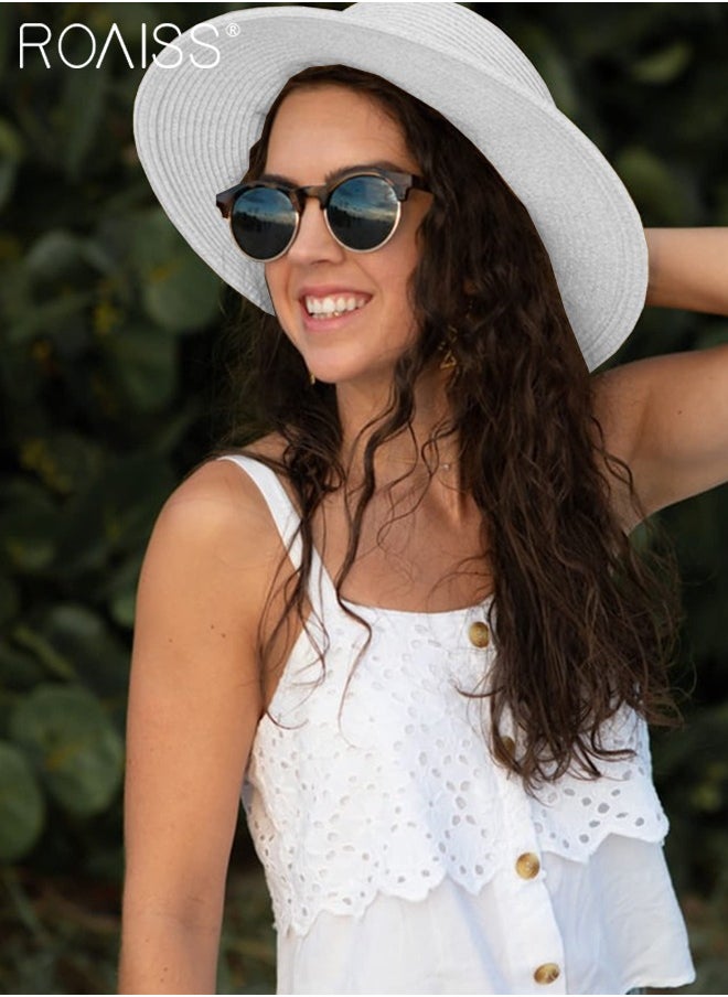 Holiday Straw Beach Hat for Women Wide Brim Bow Ribbon Boater Hat Flat Top Classic Sun Hat for Summer White