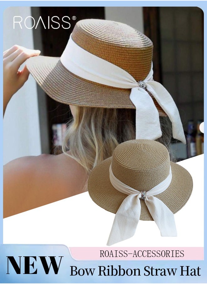 Holiday Straw Beach Hat for Women Wide Brim Bow Ribbon Boater Hat Flat Top Classic Sun Hat for Summer Khaki