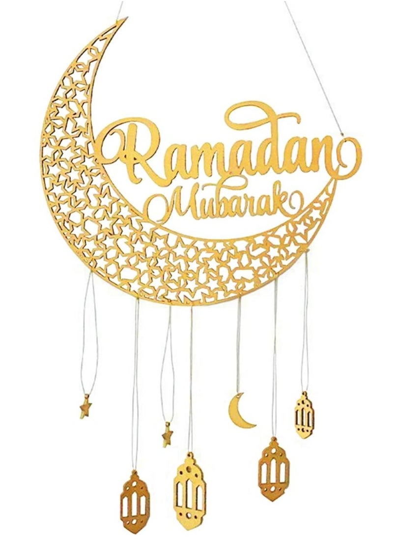 Ramadan Decorations,Ramadan Hanging Decorations,Eid Mubarak Wooden Hanging Sign Ramadan Wall Hanging Decoration Moon Star Lantern Shape Decor