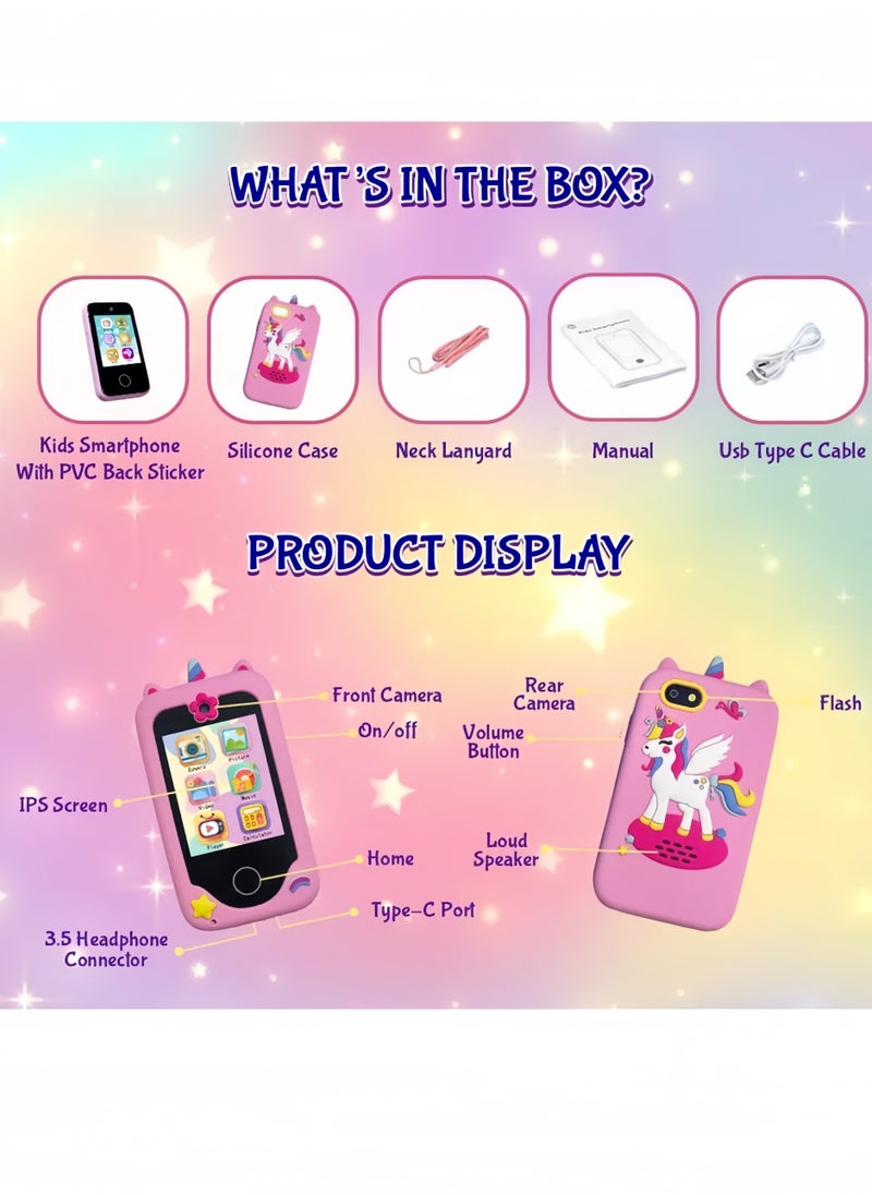 Kids Smart Phone Toys for Girls Ages 3-8 Toddler Play Travel Toys with Dual Camera Educational Learning Games Puzzles MP3 Music Player Birthday Gifts for Kids Girls 3 4 5 6 7 8 Year Old,  Multicolour ( 12*6.5*1.9cm )