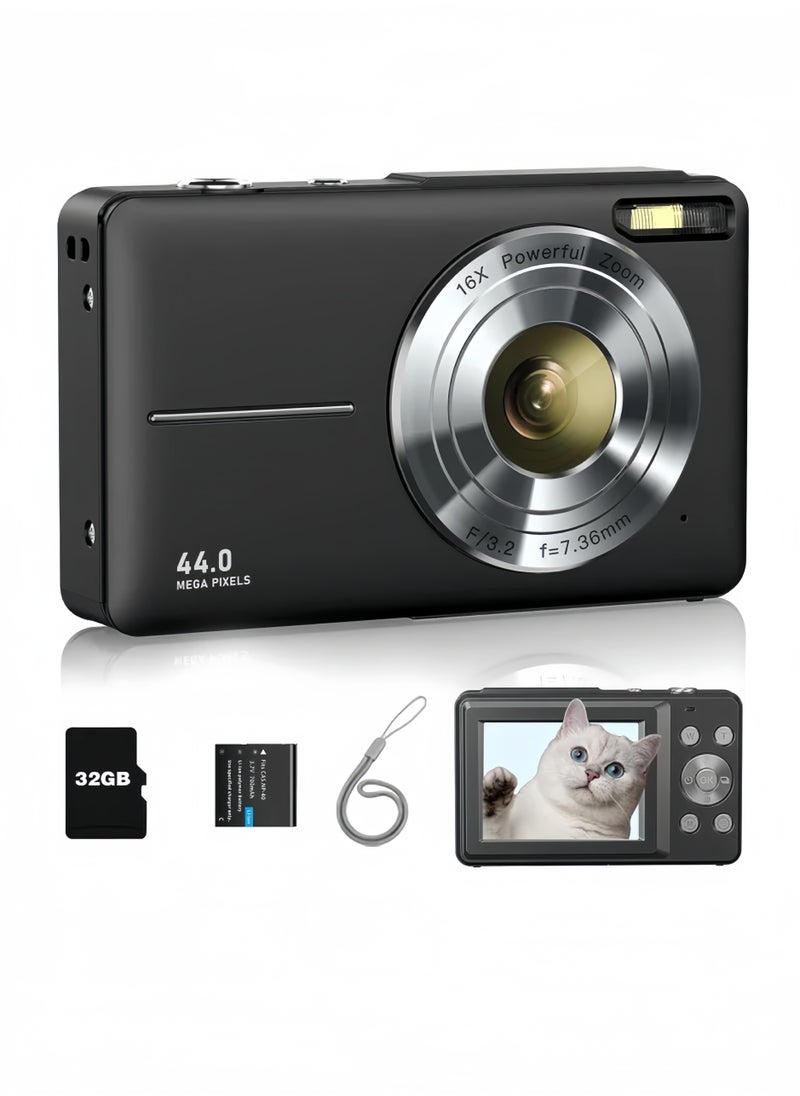 Digital Camera, FHD 1080P Kids Camera, 44MP Point and Shoot Digital Cameras with 32GB Memory Card and Two Batteries, 16X Zoom , Lanyard, Compact Size Camera, Gift for Boys/Girls, Black