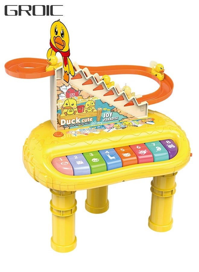 Kids Piano Keyboard, Toddlers Electronic Toys, Duck Climbing Stairs Toy Rail Car with LED Flashing Lights & Music, 3 Mini Duck, Puzzle Race Tracks Musical Instrument Toys for Children