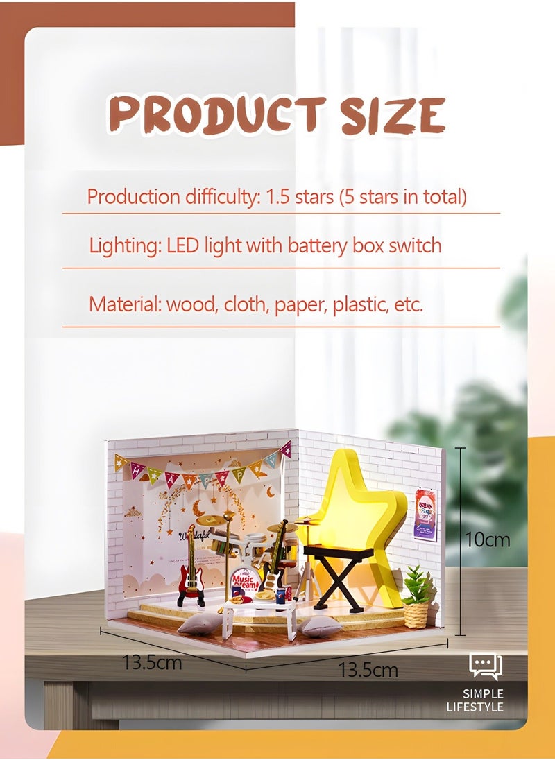 DIY Miniature Dollhouse kit, Wooden Mini Musical Instrument Room Includes Dustcover Buildable for Teens and Adults, Assembled Toys, Home Decoration