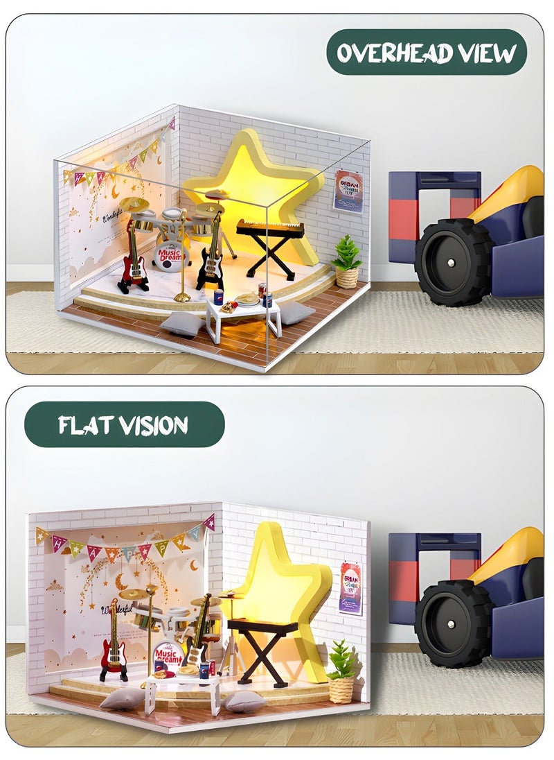 DIY Miniature Dollhouse kit, Wooden Mini Musical Instrument Room Includes Dustcover Buildable for Teens and Adults, Assembled Toys, Home Decoration